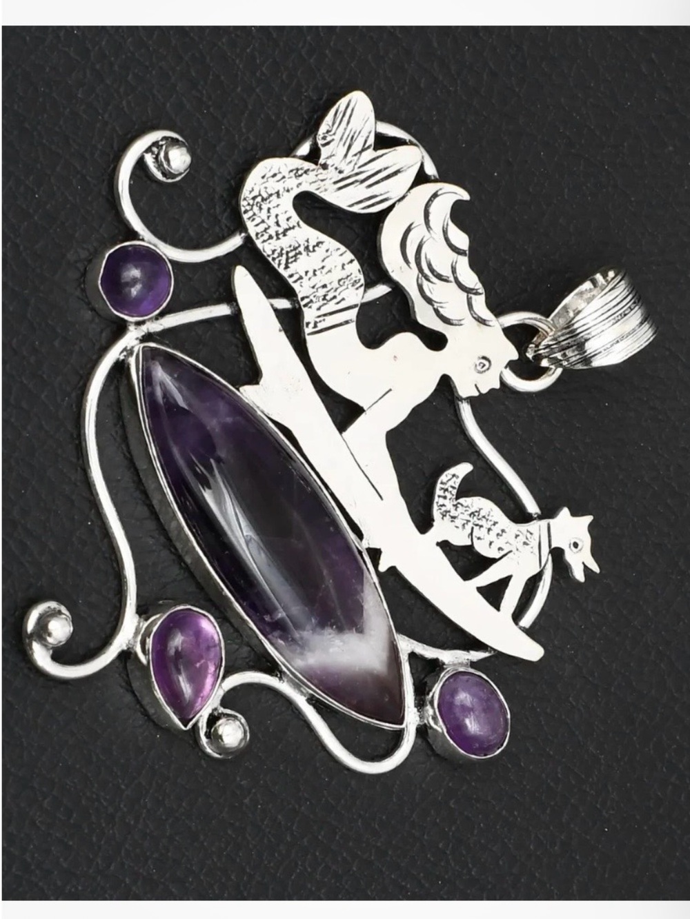 2 inch, 925 marked, Purple Amethyst, with silver,Mermaid and dog on serf board.
